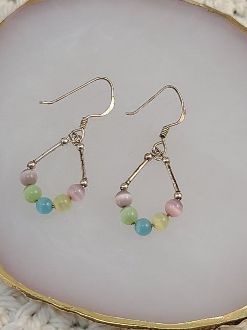 Sterling Silver 925 Pastel Multicolor Bead Teardrop Dangle Wire Drop Earrings